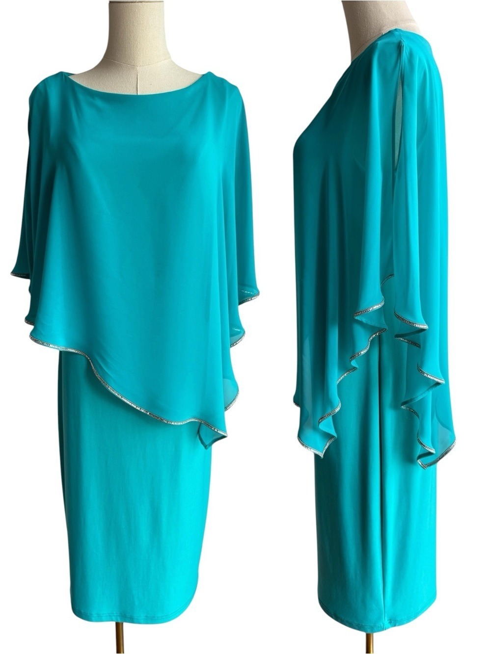 Joseph Ribkoff Signature Turquoise Party Dress Sz 8 Rhinestone Chiffon Cocktail
